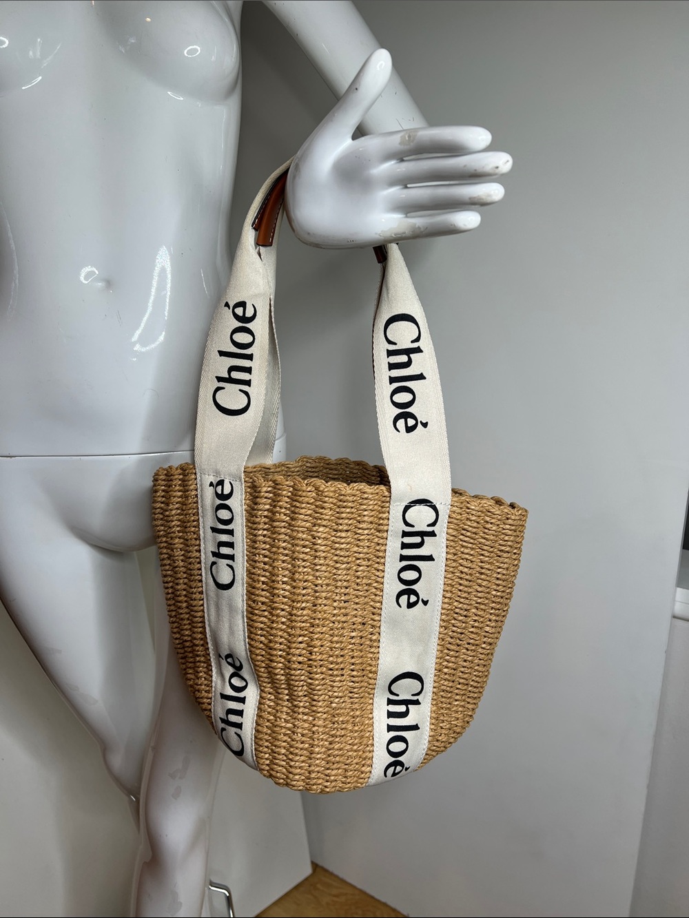 Woven Straw Basket Tote Bag with Cream Straps Flat Round Bottom